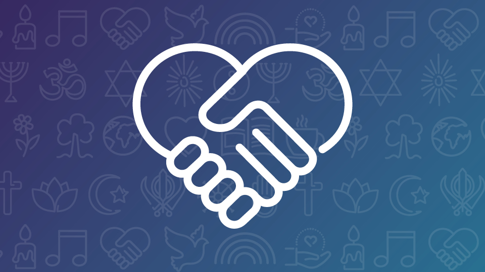 White outline of shaking hands in the shape of a heart on a gradient blue background with faith and wellbeing symbols in the background